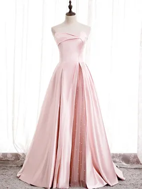 Strapless Pink Satin Prom Dresses, Pink Satin Long Formal Evening Dresses